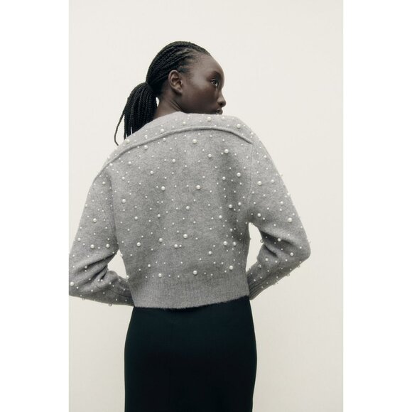 Zara Grey Pearl-Embellished Bomber Zip Cardigan - Picture 5 of 10